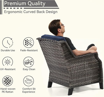 4 Piece Patio Furniture Set, 2 Chairs and 2 Ottomans PE Wicker Footstool, Outdoors Rattan Conversation Set with Deep Seating and Olefin Cushions, for Backyard, Garden, Navy