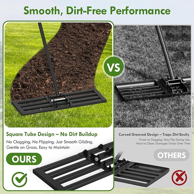 Seeutek Lawn Leveling Rake, 30” x 10” Lawn Leveler with 6.5FT Stainless Steel Handle Rakes for Lawns, 0-180° Adjustable Ground Leveler Tool for Yard, Level Soil Sand Dirt Surfaces