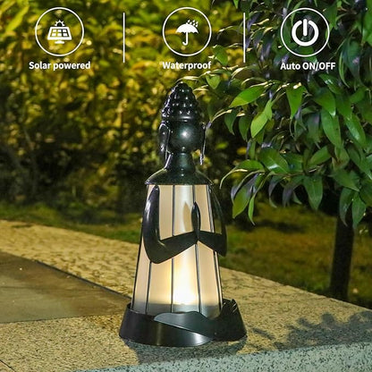 Solar Buddha Figurine Lights, Metal Buddha Statue Solar Lantern Outdoor Garden Statue with Led Lights for Patio, Lawn, Yard Ornament, Housewarming Gifts