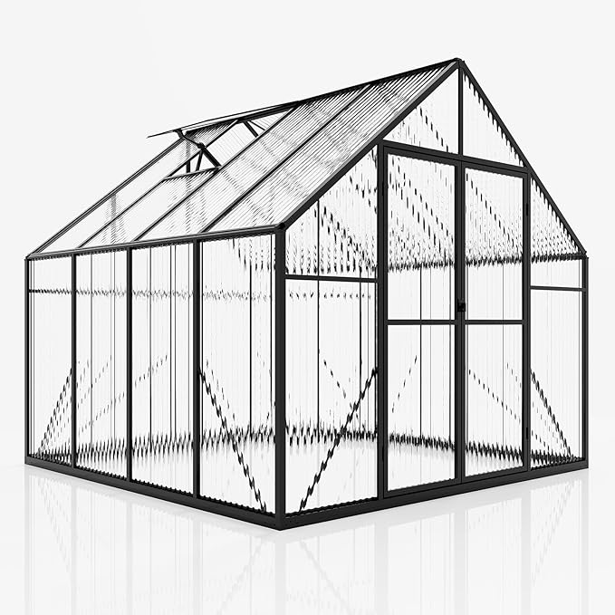 Amerlife 8x8x7 FT Outdoor Polycarbonate Greenhouse, Walk-in Aluminum Frame Design with Two Windows & Swing Door, Durable Garden Structure in Black