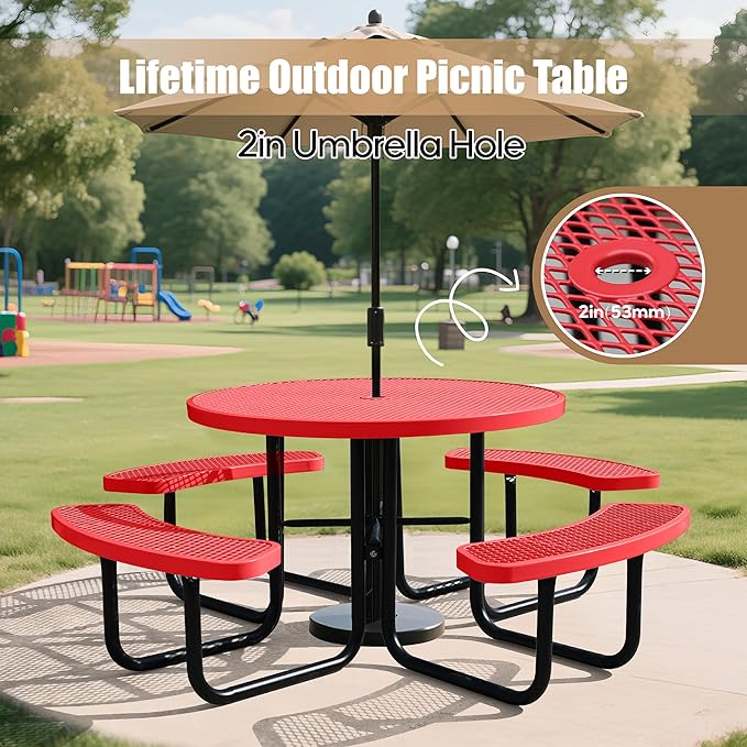 8-Person Picnic Tables for Outdoors, Industrial 46" Expanded Metal Round Picnic Table with 4 Benches & Umbrella Hole, Outside Table and Bench Set for Park, Garden, Backyard, Patio, Red