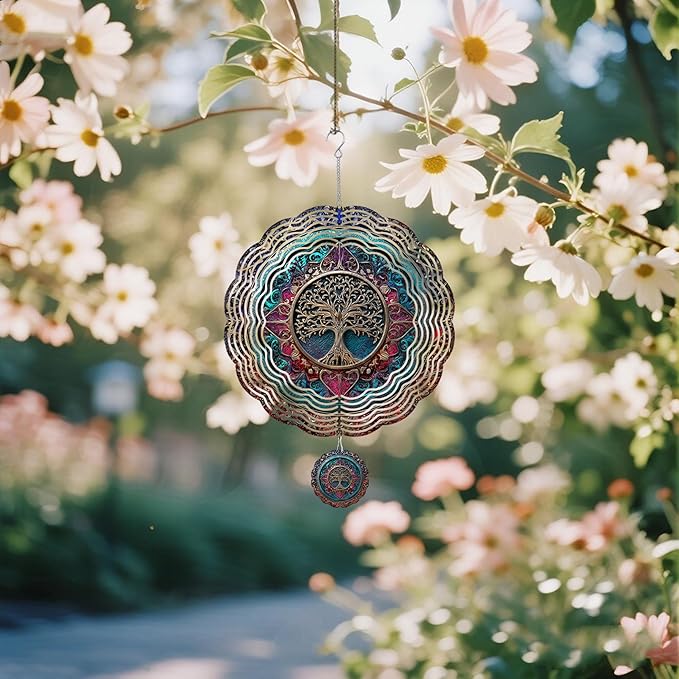 Wind Spinners Outdoor, Retro Boho Tree of Life 3D Stainless Steel Wind Sculpture Spinner for Garden Outside Hanging Decor Mother's Day Christmas Birthday Gifts for Women Men Mom Nana 13.7 in