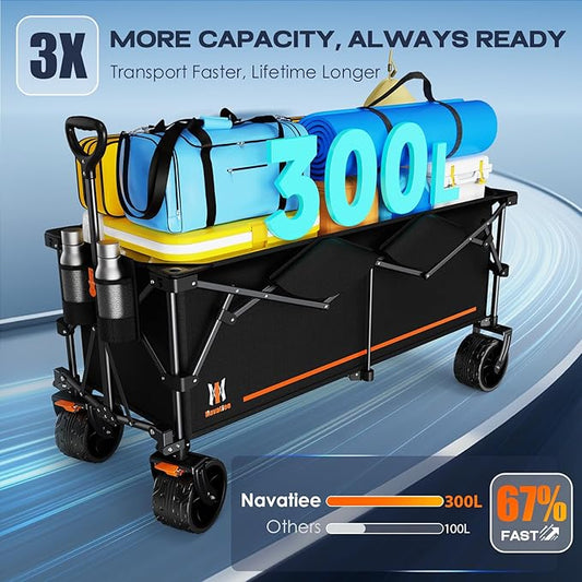 Navatiee 48'' Extra Long Collapsible Wagons Carts Foldable, 440Lbs Heavy Duty Folding Beach Wagon with All-Terrain Big Wheels, 300L Capacity Utility Garden Carts for Camping, Sports