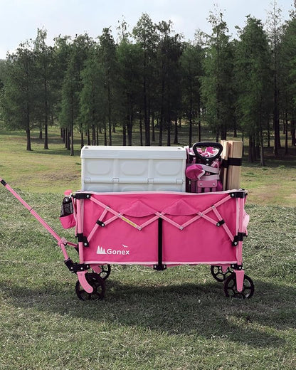 Gonex 38''L Collapsible Foldable Wagon Cart with 360lbs Weight Capacity, 220L Folding Utility Garden Cart with Detachable Wheels for Grocery Sports Shopping Camping - Pink