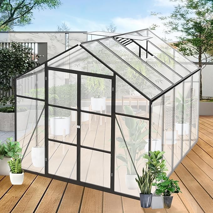 8x10 FT Greenhouses for Outdoor,Heavy Duty Polycarbonate Greenhouse,Large Walk-in Garden Green House with Raised Base,Double Doors and Two Ventilation Windows for Outside, Backyard,Black