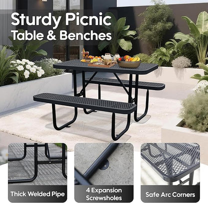 4FT Outdoor Picnic Tables,Heavy-Duty Metal Rectangular Picnic Table,Expanded Metal Commercial-Grade Table with 2 Benches & Umbrella Hole,Waterproof Coating Beach Table for Patio,Garden, Backyard