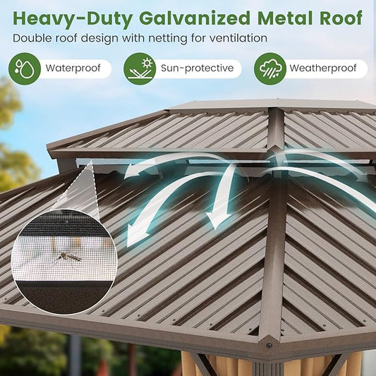 Tangkula 12x12 FT Hardtop Gazebo, Outdoor Permanent Pavilion Shelter with Netting & Curtain, Heavy-Duty Double Galvanized Metal Roof, Aluminum Frame, Outdoor Gazebo for Patio Garden Deck Lawn