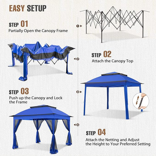 11x11 Outdoor Pop up Gazebo Tent with Mesh Walls for Patio, Lawn, Backyard and Deck, Blue