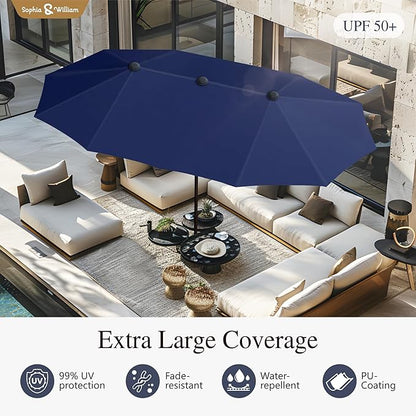 Sophia and William Patio Dining Set for 6, 13ft Patio Umbrella Navy Blue, Removable Seat Cushions, Black 59" Patio Dining Table