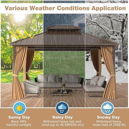 Tangkula 12x14 FT Hardtop Gazebo, Outdoor Permanent Pavilion Shelter with Netting & Curtain, Heavy-Duty Double Galvanized Metal Roof, Aluminum Frame, Outdoor Gazebo for Patio Garden Deck Lawn