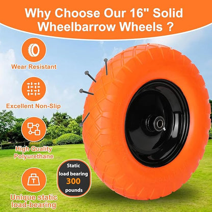 Upgraded 16" Flat Free Wheelbarrow Wheels and Tires, 4.80/4.00-8 Solid Tires with 5/8"&3/4" Bearings, Universal Fit for Wheelbarrows/Garden Trailer