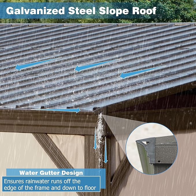 12’ x 16’ Lean to Gazebo, Outdoor Wall Mounted Gazebo Aluminum Frame, Hardtop Pergola with Galvanized Steel Sloping Roof for Patio Deck Garden Backyard, Curtain and Netting Included