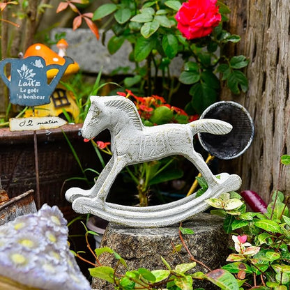 Sungmor Cast Iron Rocking Horse Statue, Home Office Desk Ornament, Vintage Collectible Figurine Decorative Paperweight, Rustic White Small Horse Nostalgia Christmas Decor