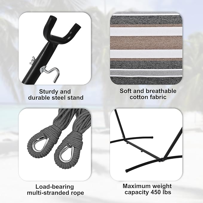 Hammock with Stand for Outside, Heavy Duty Space Saving Steel Stand with 450 lb Capacity, Double Hammock with Portable Carrying Bag, Hamacas Para Adultos for Outdoors, Patio, Garden, Yard