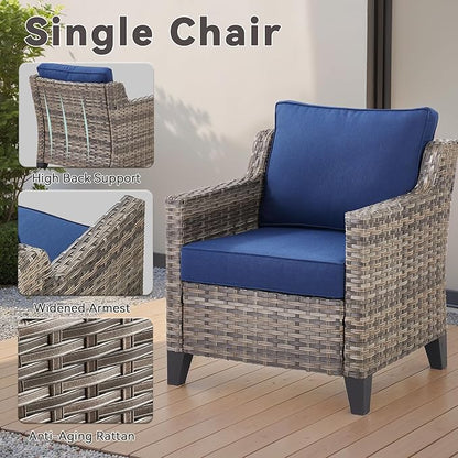 Patio Furniture Set, 6 Pieces Outdoor Wicker Rattan Sofa Couch with Rattan Chair, Side Table, Ottomans and Comfy Cushions, All Weather Patio Conversation Sets, Suit for Porch Deck Garden