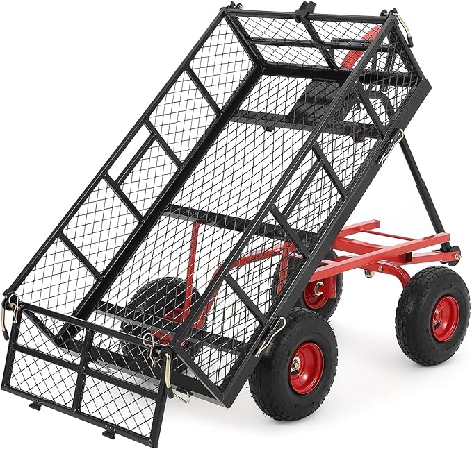 880 Lb Tire Steel Garden Dump Cart, Heavy-Duty Dump cart Wagon and Wagons with 4-Side Removable Mesh and 180° Swivel Handle, 10" Tires, Patio Dump Cart Utility Wagon, Metal Push Trolley
