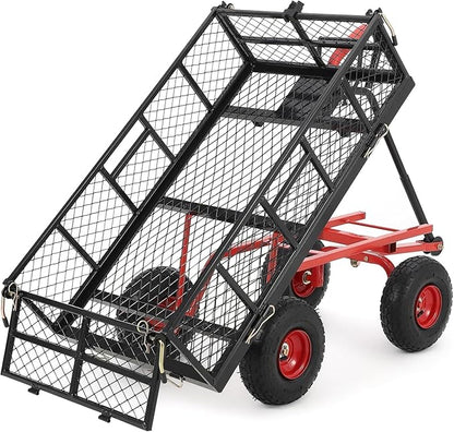 880 Lb Tire Steel Garden Dump Cart, Heavy-Duty Dump cart Wagon and Wagons with 4-Side Removable Mesh and 180° Swivel Handle, 10" Tires, Patio Dump Cart Utility Wagon, Metal Push Trolley