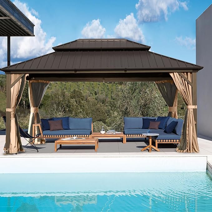 Domi 12' x 16' Hardtop Gazebo Permanent Metal Gazebo with Galvanized Steel Double Roof, Curtains and Netting for Party, Wedding, Outdoor Dining, Patio, Backyard, Brown