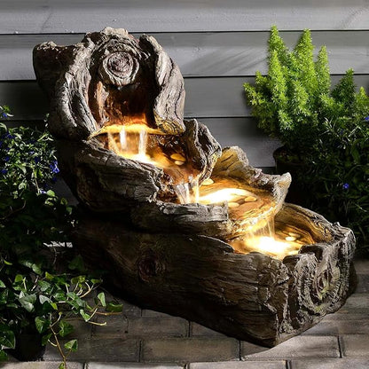 31.5" L Garden Water Fountain Outdoor, Artifical Imitation Wood Outdoor Water Fountain Natural Waterfall with LED Lights for Patio,Porch,Backyard,Home Art Decor（Resin）