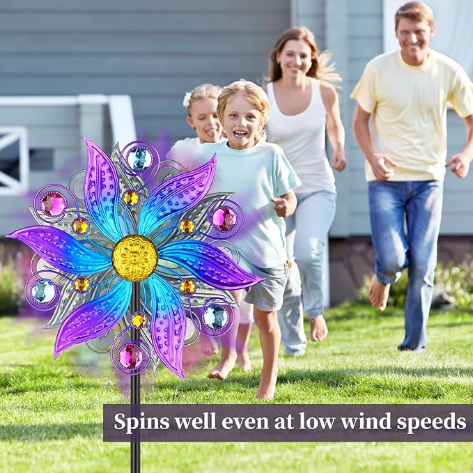 Metal Wind Spinner Outdoor, Purple Flowers Wind Sculpture Spinners with Metal Stake, Yard Art Decor for Patio, Lawn & Garden, Creative Gifts 57.5 * 13.3 Inch