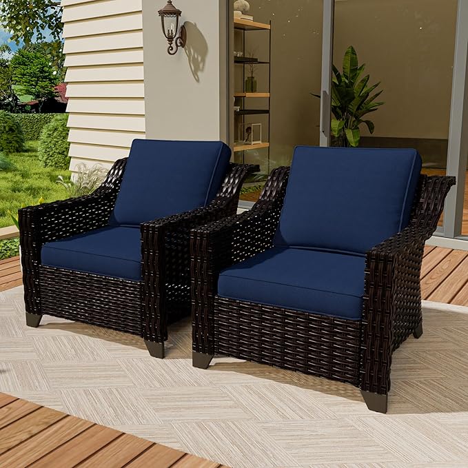 Vista Vibe 2 Pieces Outdoor Armchairs, Patio Conversation Furniture Set, Washable Cushions, Luxurious Hand-Woven PE Rattan, Garden, Bistro, Deck, Backyard (Brown/Navy)