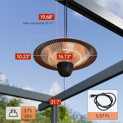 Patio Heater for Outdoor Use 1500W Electric Infrared Hanging Heater, Ceiling Mounted, Waterproof for Porch, Garage, Balcony, Overheat Protection Brown