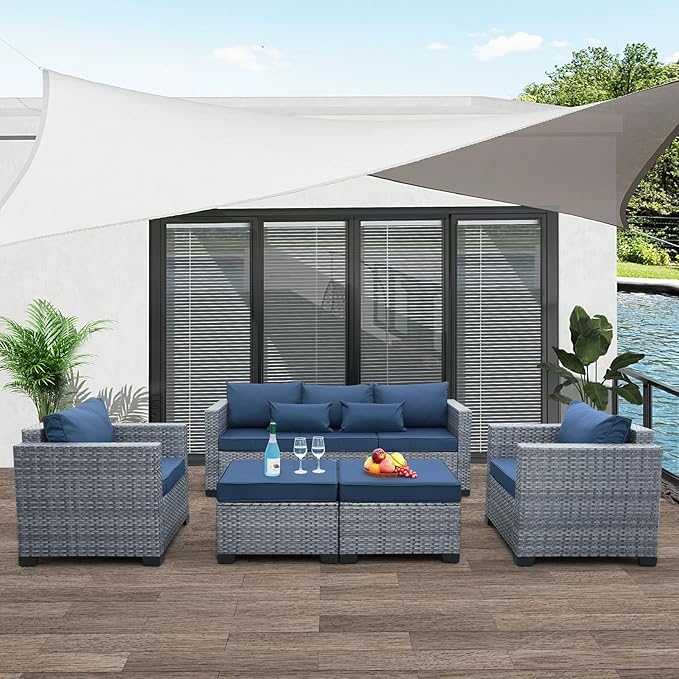 Patio Furniture Set, 5-Piece Outdoor Wicker Conversation Set with All-Weather PE Rattan, Anti-Slip Cushions & Ottomans, Sectional Sofa for Patio, Balcony & Deck, Navy Blue