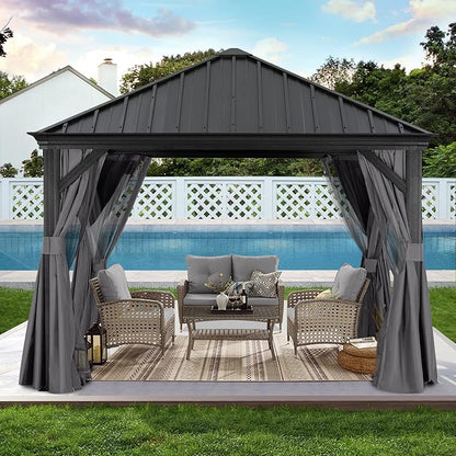 ABCCANOPY Hardtop Gazebo 10x10 - Outdoor Metal Hard Top Gazebo, Permanent Galvanized Steel Aluminum Framed Pavilion with Netting and Curtain for Patio Backyard Lawn Garden (Single Roof, Gray)