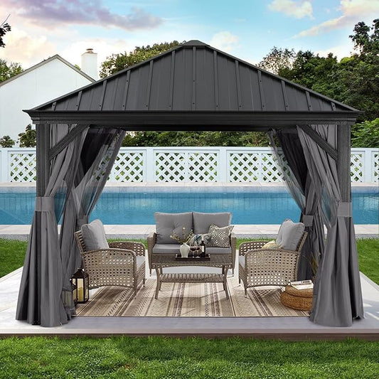 ABCCANOPY Hardtop Gazebo 10x10 - Outdoor Metal Hard Top Gazebo, Permanent Galvanized Steel Aluminum Framed Pavilion with Netting and Curtain for Patio Backyard Lawn Garden (Single Roof, Gray)