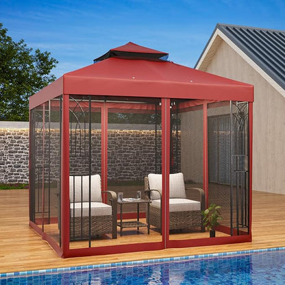 EAGLE PEAK 8x8 Patio Gazebo with Mesh Netting, Double Roof Outdoor Pavilion with Corner Shelves for Lawn, Deck, Garden and Backyard, Red