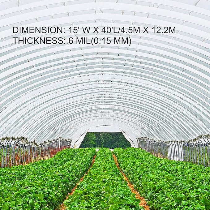 VEVOR Greenhouse Plastic Sheeting 15 x 40 ft, 6 Mil Thickness UV Resistant Clear Polyethylene Film, Hoop Green House Cover for Farms, Agriculture, Garden