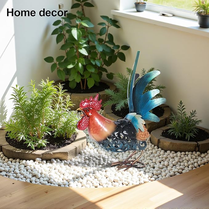16.5" Metal Rooster Garden Statue, Handmade Morning Crowing Rooster Sculpture with Green Tail Feathers, Rust-Resistant Iron Art for Yard, Farmhouse, Kitchen & Outdoor Decor