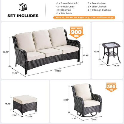 ovios 6 Pieces Patio Furniture Set, Outdoor Wicker Sofa Couch with Swivel Chairs Ottomans Comfy Cushions, High Back All Weather Modern Conversation Sets, Brown Rattan, Beige