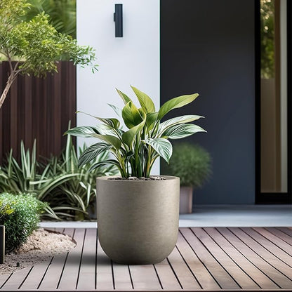 Kante 11.0" Round Concrete Planter, Large Cylinder Plant Pot with Curved Bottom and Drainage Hole, for Indoor and Outdoor Use – Garden or Patio, Weathered Concrete Finish with Warm Brown Interior