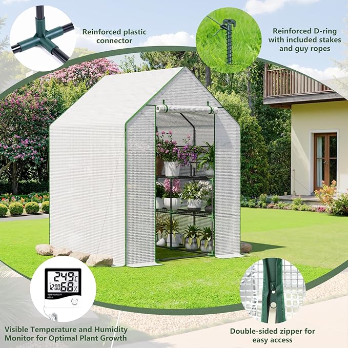 Greenhouse for Outdoors, Small Greenhouse, Walk-in Greenhouses with 3 Tiers 8 Shelves, PE Cover, Heavy Duty Plant Greenhouses for Garden and Backyard