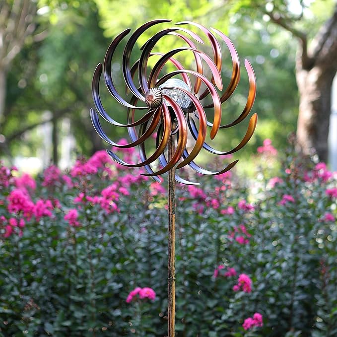 Solar Wind Spinner Improved 360 Degrees Swivel Warm White LED Lighting Glass Ball with Kinetic Wind Spinner Vertical Metal Sculpture Stake Construction for Outdoor Yard Lawn & Garden.