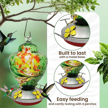 Nature Gear Hummingbird Feeder, Hanging-Mount Glass Hummingbird Feeders for Outdoors, Hand-Blown Glass Feeder with Ant Moat for Garden Hummingbirds, Easy to Clean & Rust Resistant, Emerald Green