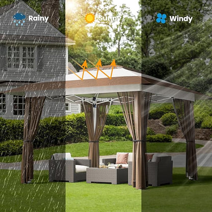 Bealife 13x13 Pop Up Gazebo Tent with Mosquito Netting, Outoor Canopy Tent with 4 Sandbags, 8 Stakes, 4 Ropes, Roller Bag, Pop Up Canopy for Lawn Backyard Garden Deck (Beige, 13x13)