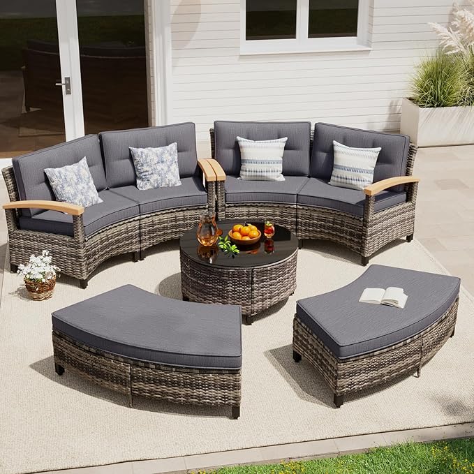 MEISSALIVVE 8 Piece Outdoor Patio Furniture Set, Half-Moon Curved Sectional Set with Wood Armrests, 2 Half-Moon Ottomans, Round Table (Grey)
