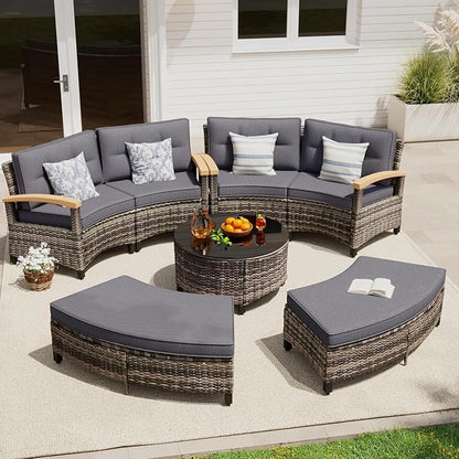 MEISSALIVVE 8 Piece Outdoor Patio Furniture Set, Half-Moon Curved Sectional Set with Wood Armrests, 2 Half-Moon Ottomans, Round Table (Grey)