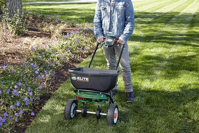 Scotts Elite Spreader for Grass Seed, Weed and Feed, Fertilizer, Salt and Ice Melt, Durable Push Spreader Holds up to 20,000 sq. ft Product