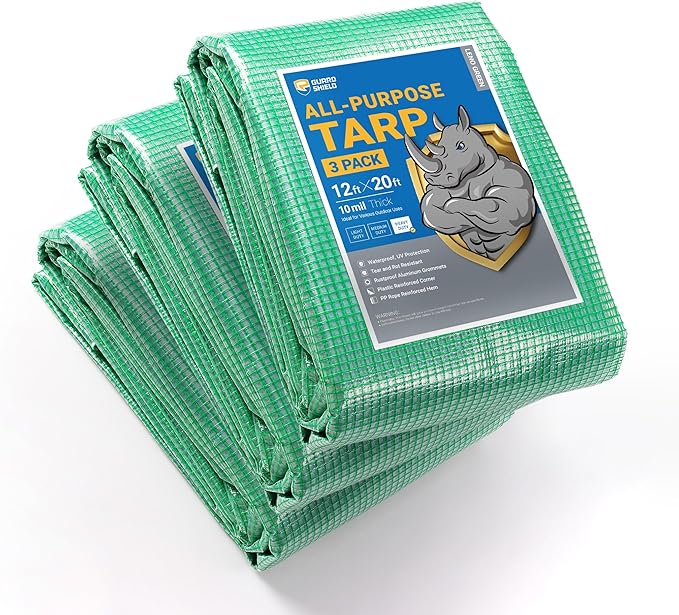 GUARD SHIELD Clear Green Tarp Heavy Duty 12x20 Feet Waterproof for Greenhouse Outdoor Garden Poly Cover UV Resistant 3x3 Weave 10mil (3-Pack)