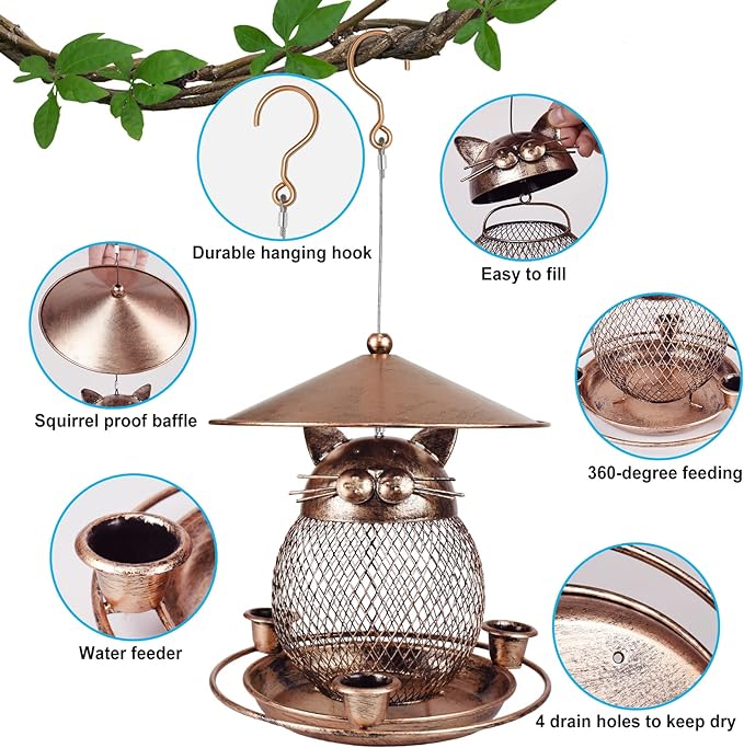 LBTING Bird Feeder for Outdoor, Squirrel Proof Metal Wild Bird Feeder Decoration for Hanging Outside Garden Yard, Cute Cat-Shaped