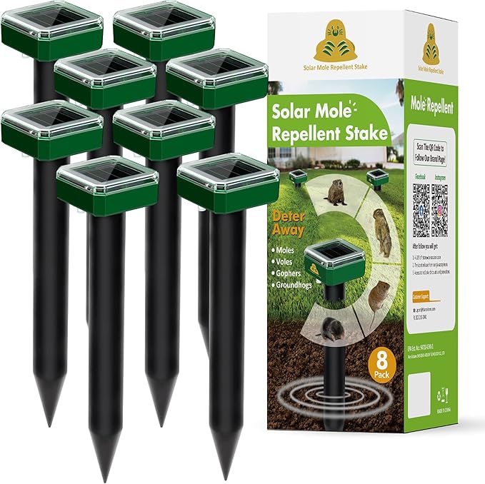 X-PEST 4 Pack Mole Repellent for Lawns Solar Powered Groundhog Spikes, Ultrasonic Mole Stakes for Yard, Waterproof Gopher Repellent to Get Rid of Chipmunk, Vole and Snake for Garden