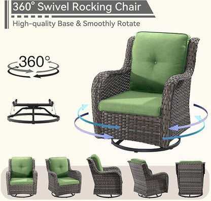 3 Pieces Outdoor Furniture Set - Patio Wicker Swivel Rocker Chair Set of 2 and 1 Side Table, Green, Mixed Brown Rattan, Suitable for Porch, Yard