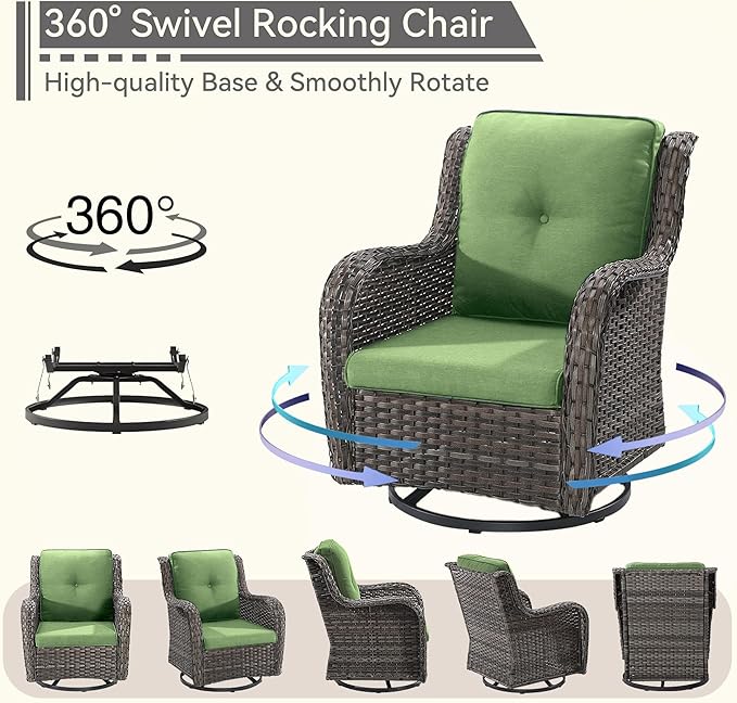 6 Pieces Outdoor Furniture Set - Patio Wicker Swivel Rocker Chair Set of 4 and 2 Side Table, Green, Mixed Brown Rattan, Suitable for Porch, Yard