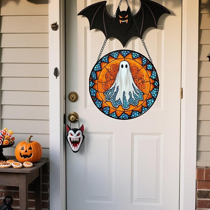 Stained Glass Window Hanging - Halloween Decorations White Ghost Suncatcher for Doors Garden Indoor Spooky Funny Blue Sun Catchers Gothic Decor Horror Gifts for Women Men Friend 7.8 in