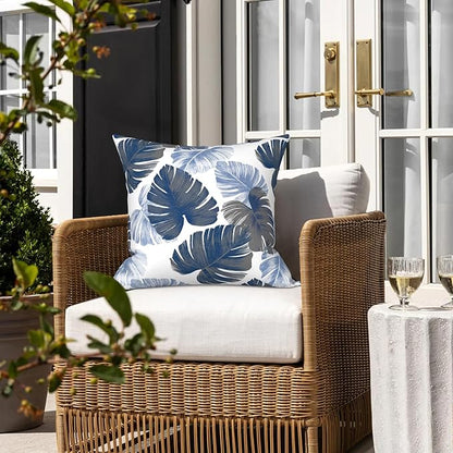 LVTXIII Outdoor Throw Pillows, Decorative Throw Pillows with Inserts, 16"x16" Square Pillows for Bed, Couch, Sofa and Patio Furniture, Set of 2, Monstera Blue