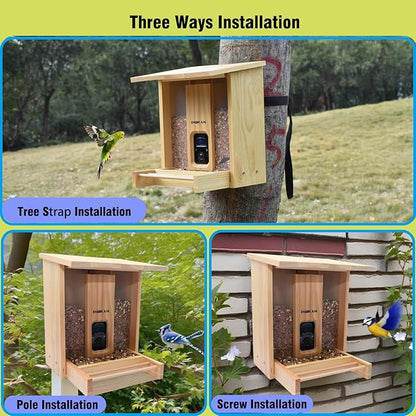 Smart Wooden Bird Feeder with Camera-Solar Power,Bird AI Identifier,1080p HD,5200mAh Battery,3.5L Extra Large,Twin Seed Bins