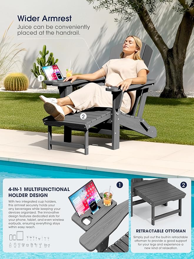 KINGYES Folding Adjustable Adirondack Chair with Ottoman & 2 Cup Holders Set of 2, HDEP Adirondack Chair with Footrest, Grey